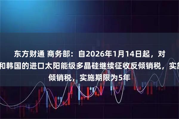 东方财通 商务部：自2026年1月14日起，对原产于美国和韩国的进口太阳能级多晶硅继续征收反倾销税，实施期限为5年
